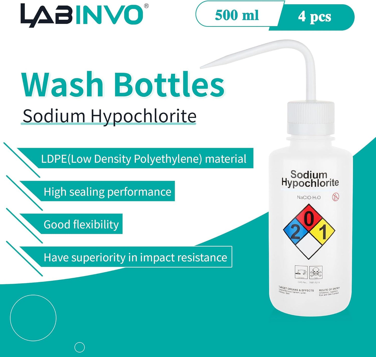 4pcs of Sodium Hypochloride Wash Bottles, Vol.500ml (17oz), Narrow Mouth, Self-Venting Safety Wash Bottles, LDPE Material, IN-WBS500