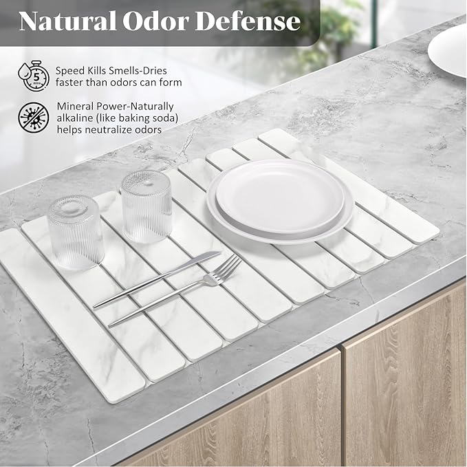 Large Stone Dish Drying Mats for Kitchen Counter, 24"(L)×16"(W) Marble-Pattern Dish Drying Mat, Eco-Friendly Absorbent Diatomaceous Earth Mats for Dishes Bottles, Match Any Countertop