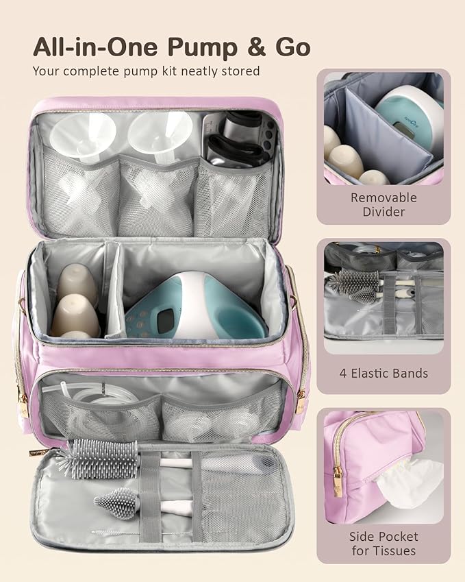 Breast Pump Bag Kit for Spectra S1/S2, Pumping Bag with Bottle Brush Set, 10Pcs Flange Inserts for 24mm Flange, Nipple Ruler, Waterproof Mat, Pump Carrying Case for Work Travel, Light Pink