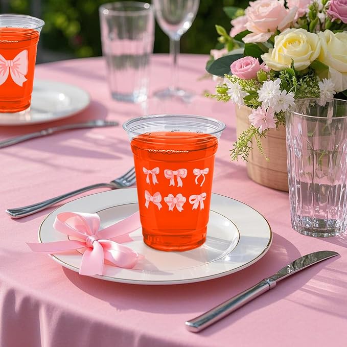 150 Pack Pink Bow Party Plastic Cups 12 oz Coquette Bow Disposable Drinking Cups for Bachelorette Bridal Shower Birthday Party Decorations