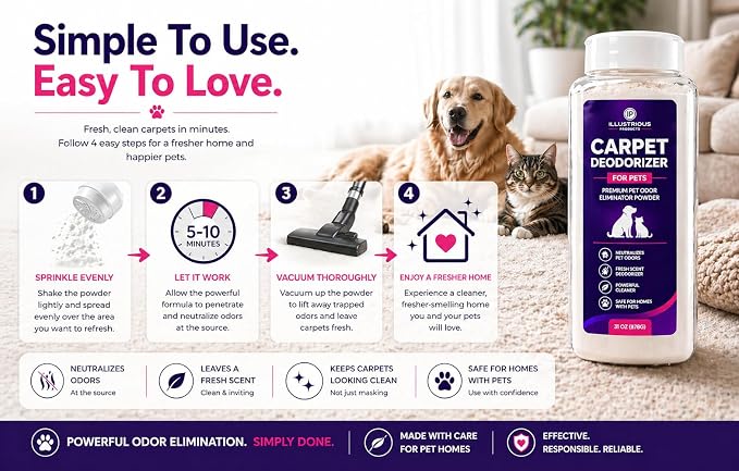 Carpet Deodorizer for Pets – Pet Odor Eliminator Powder for Strong Dog & Cat Urine Odors – Baking Soda Carpet Freshener for Carpets & Rugs – Lemon Eucalyptus Scent – 31 oz