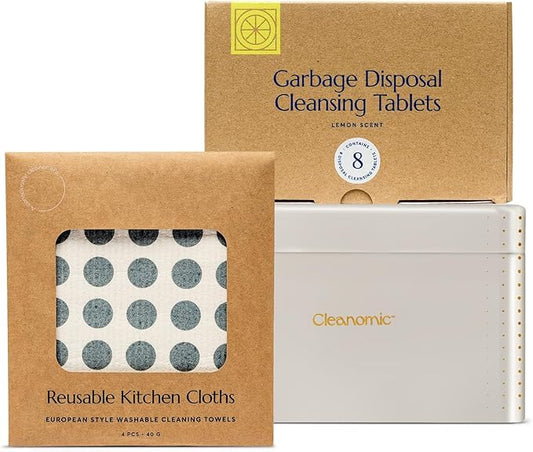 CLEANOMIC Reusable Kitchen Cloth, Garbage Disposal Cleaner & Tablet Tin Bundle