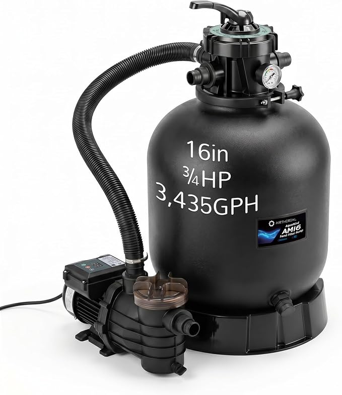 Airthereal AquaMind AM16 Sand Filter Pump for Above Ground Pool, 16" Pool Sand Filter System with Timer, ¾ HP Motor, High-Flow 3,435 GPH, 7-Way Valve, Reliable Motor for Pools Up to 15,000 Gallons