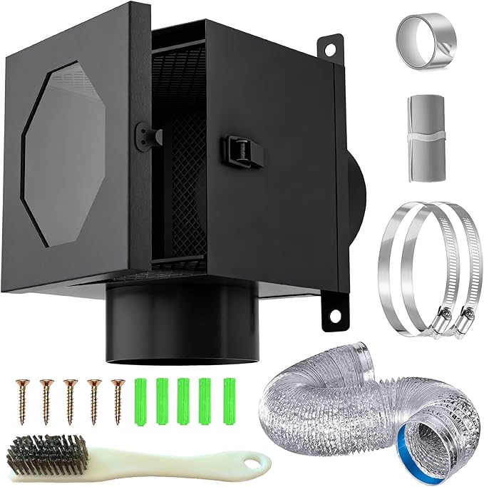 Dryer Lint Trap, Metal Indoor Dryer Vent Lint Trap- Dryer Lint Filter Box with 4" 5FT Flexible Dryer Vent Hose, 2 Filter Screens, 2 Clamps,1 Brush, Secondary Lint Trap for Electric Clothes Dryers