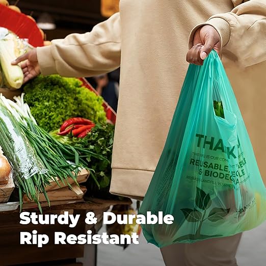 FMP Brands Eco Biodegradable Plastic Grocery Bags - 100 Count with Handles, Thank You T-Shirt Shopping Bags Bulk for Small Business, Restaurant, Groceries, Supermarket