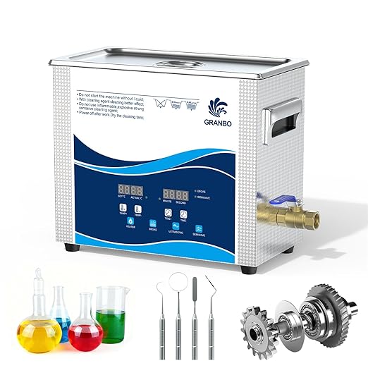 Granbo Ultrasonic Cleaner 6.5L 180W Jewelry Cleaning Ultrasonic Machine 40kHz with Heater Timer and Degassing, 110V Digital Ultrasonic Parts Cleaner for Jewelry Eyeglass Dental Parts Cleaning