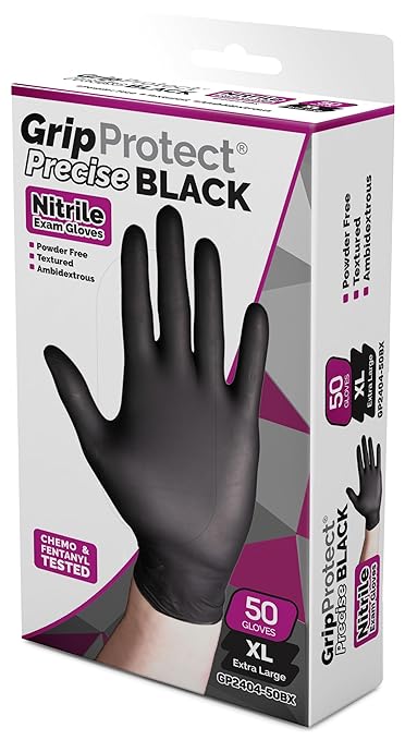 GripProtect® Precise Black Nitrile Gloves | Exam | 4 Mil | Chemo-Rated | Food, Home, Hospital, Law Enforcement, Tattoo | (X-Large, 50)