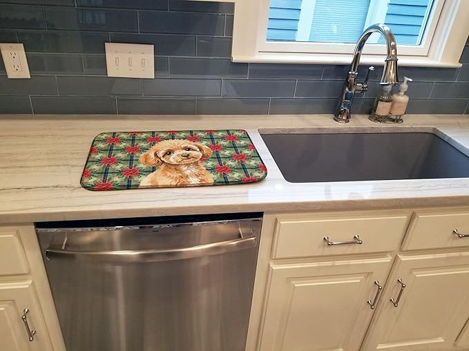 Caroline's Treasures Toy Apricot Poodle Christmas PoinsettIas Dish Drying Mat Absorbent Dish Drying Mat Pad for Kitchen Counter Dish Drainer Mat for Countertop, 14 x 21", Multicolor