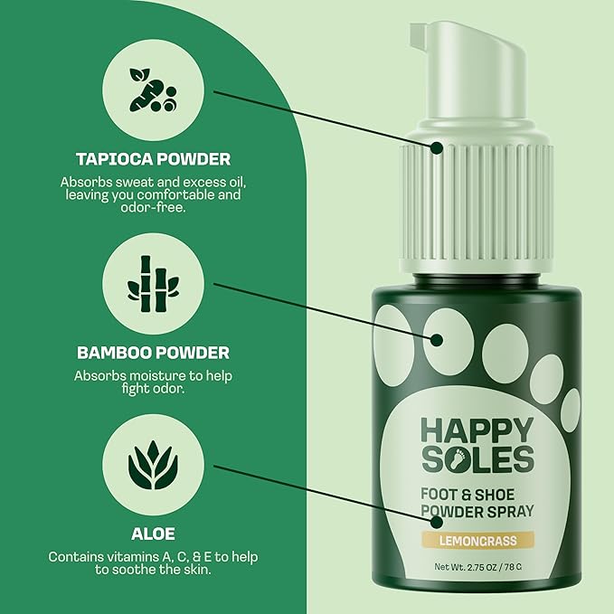 Foot & Shoe Deodorizer Powder Spray - Talc-Free, Vegan, Non-Aerosol Mess-Free Spray - Absorbs Sweat & Fights Odor with Bamboo & Tapioca - Long-Lasting Freshness & Comfort (Lemongrass)