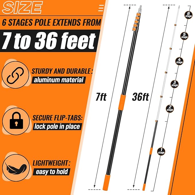 7-36 ft Telescopic Extension Pole with Utility Hook, Multi-Purpose Aluminum Pole for Painting, Dusting and New Year Window Cleaning Christmas Lights Installation Without a Ladder (Orange)