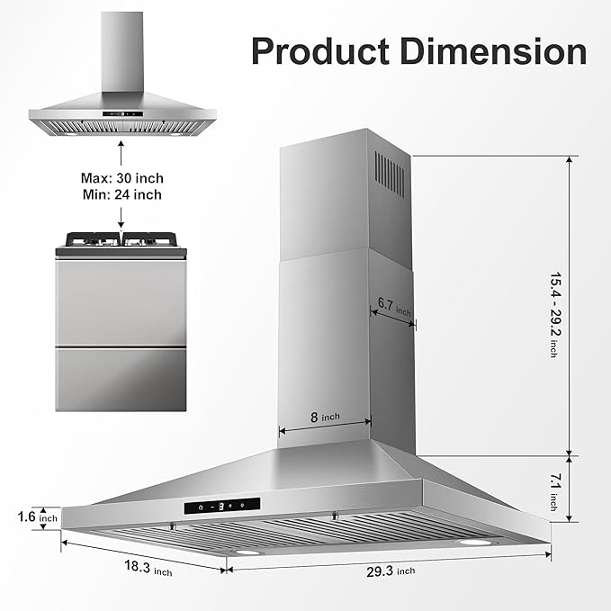 Tieasy Range Hood 30 inch, Vent Hoods 30 inch Stainless Steel, 450 CFM Ductless/Ducted Convertible Kitchen Hood with LED Light Baffle Filters, 3 Speed Exhaust Fan,Touch Control