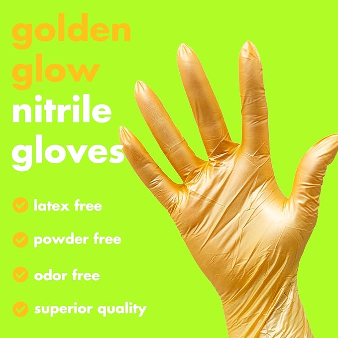 Colortrak Disposable Nitrile Gloves, Gold, Luminous Collection Latex-Free, Powder-Free Hair Color Gloves for Chemical Processing & Salon Services, 100 Count, Large