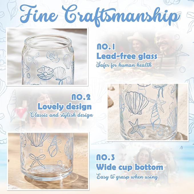 Sliner 2 Pcs Seashell Glass Cups Last Toast on The Coast Bachelorette Gifts Beach Tumbler with Lid Straw Ocean Drinking Glasses 16 oz Blue Iced Coffee Cup for Wedding Bridal Shower Holiday