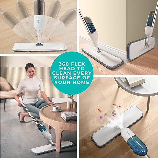 True & Tidy® White Clean Everywhere Spray Mop Kit with Three Interchangeable Heads and Refillable Tank- Includes Head, Round, and Window Squeegee Attachments with StickyPro XL Lint Roller