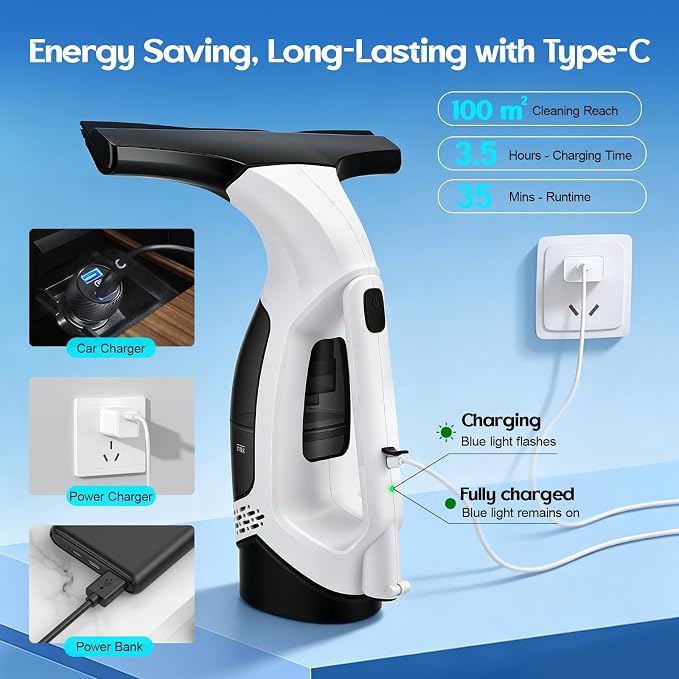 Window Vacuum Squeegee Cordless, 2200mAh Electric Window Squeegee Vacuum with 0.8-1M Extendable Pole, 2000Pa Window Sill Cleaning Tools, for High Windows, Shower Glass, Car, Kitchen