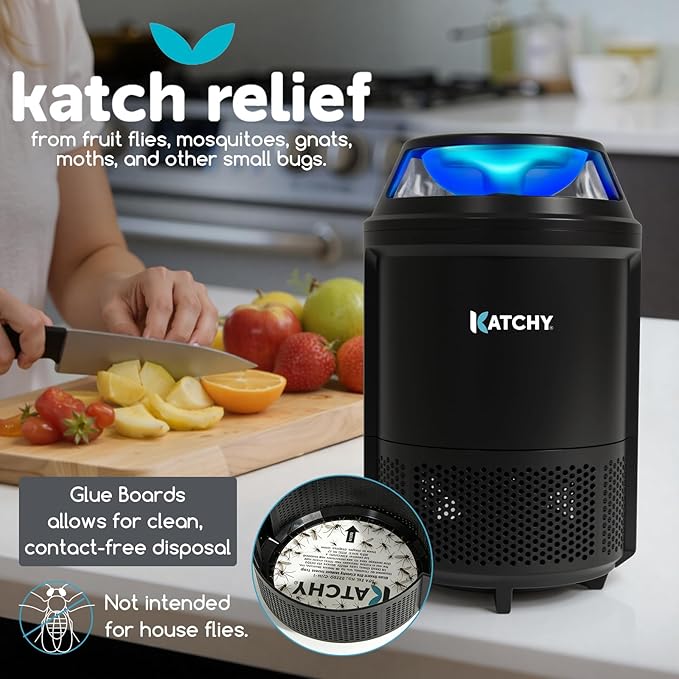 Katchy Indoor Flying Insect Trap – Catcher & Killer for Mosquitoes, Fruit Flies, Gnats & Moths – Non-Zapper with Suction & Blue Light – Ideal for Indoor Spaces, Kitchens & Plants (Original, Black)