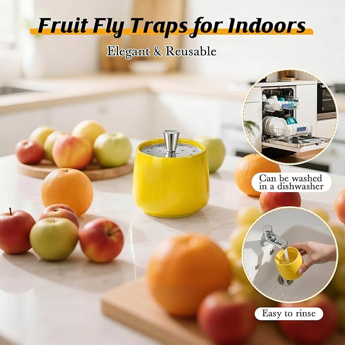 Ceramic Fruit Fly Trap for Indoors, Reusable Kitchen Fly Catcher with Stainless Steel Vent Lid, Uses Safe & Natural Vinegar Bait Trap, Dishwasher Safe, Easy to Use (Yellow,1 Pack)