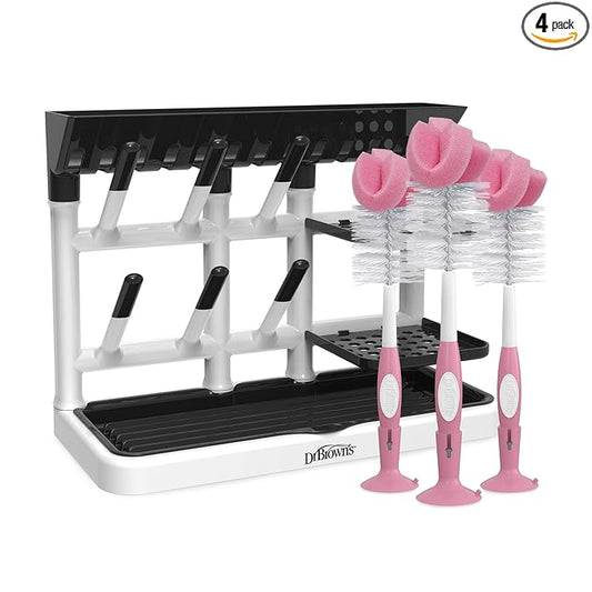 Dr. Brown's Baby Bottle Drying Tower, Stand-Up Drying Rack with Reusable Sponge Baby Bottle Cleaning Brush Set, 3-Pack, Pink