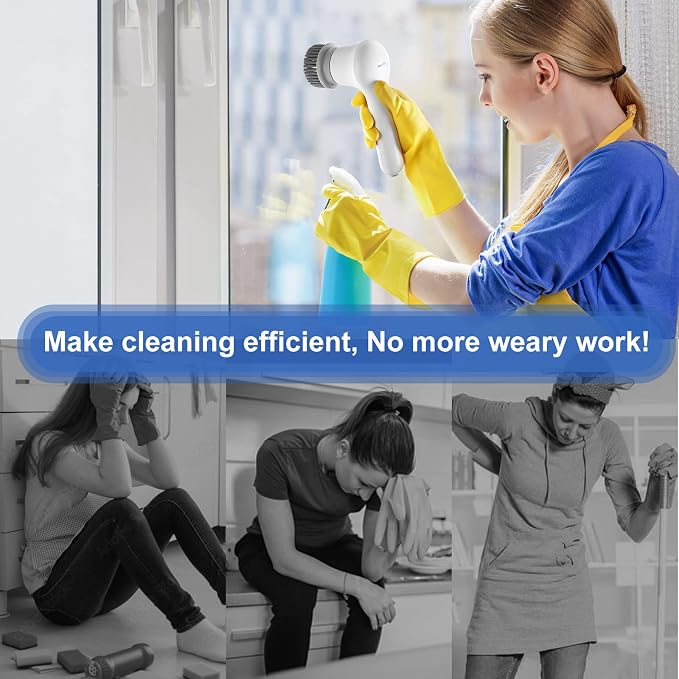 Mecity Electric Spin Scrubber with 5 Replaceable Brush Heads Rechargeable Shower Scrubber Cordless Motorized Scrubber Household Cleaning Brush for Bathtub, Cars, Tile Floor, Kitchen, Window, Wall
