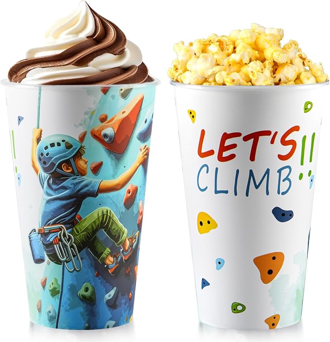 20 Pcs Rock Climbing Favors Goodie Cups with Lids for Birthday Decorations Disposable 16oz Plastic Candy Cups for Birthday Party Table Decorations Supplies Favor(LET'S CLIMB)