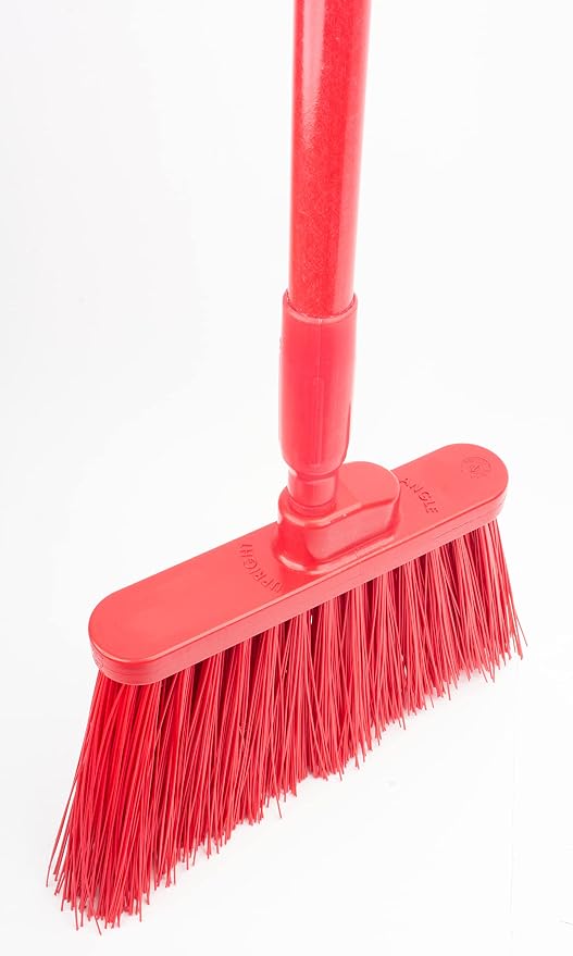 SPARTA 41083EC05 Plastic Color Coded Broom, Unflagged Bristles, Long Broom With Angled Head For Small Debris Cleaning, 56 Inches, Red, (Pack of 12)