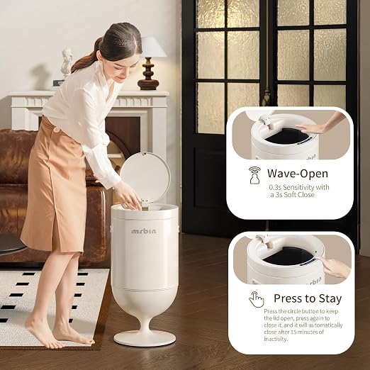 MRBIN Metal Bathroom Motion Sensor Trash Can with Lid, 5.3 Gallon Wine Glass Shaped Automatic Waste Basket Touchless, Smart Round Tall Garbage with High Leg for Office, Bedroom, Kitchen, Cream White