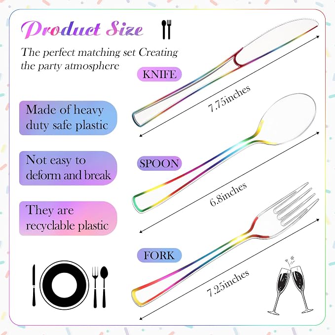 Minatee 150 Pcs Rainbow Plastic Silverware, Clear Disposable Cutlery Set Heavy Duty Utensil Sets 50 Forks 50 Knives 50 Spoons for Birthday Party Home Office School Picnics Restaurant Outdoor Events