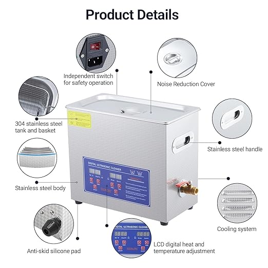 6.5L Digital Ultrasonic Cleaner with Heater，40kHz & 180W Cleaning System，Timer Control for Jewelry, Glasses, Watches