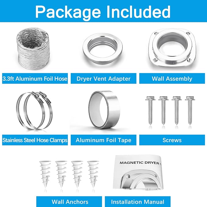 Magnetic Dryer Vent Connector Kit, Easy to Clean Quick Connector Dryer Vent Coupling with 3.3ft of 4" Hose and 2 Clamps