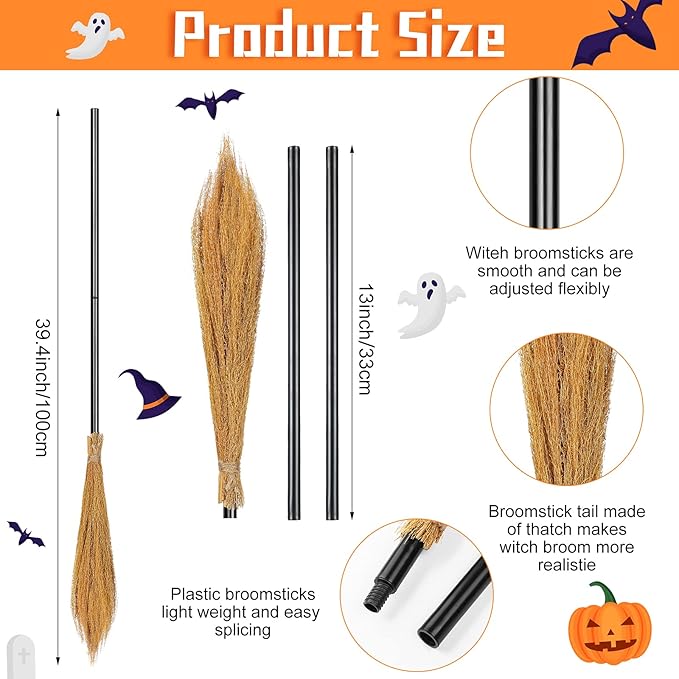 Sumind 6 Pieces Witch Broomstick Props Plastic Broom Cosplay Supplies, 39.4 inches