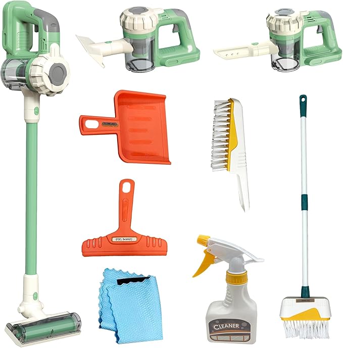 Kids Vacuum that Really Works 9Pcs Aged 3+ Kids Cleaning Set for Toddlers Toy Cleaner Broom and Dustpan Set Scrub Brushes Baby Boy Girl Gifts ( 950Green)
