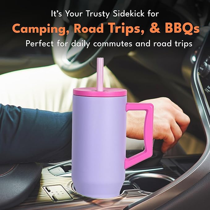 Elemental 40 oz Tumbler with Handle and Straw - Spill Proof Insulated Stainless Steel Commuter for Cold Beverages - Travel Coffee Mug with 2 Straws & Spill Proof Lid - 40oz - Lilac Tie Dye