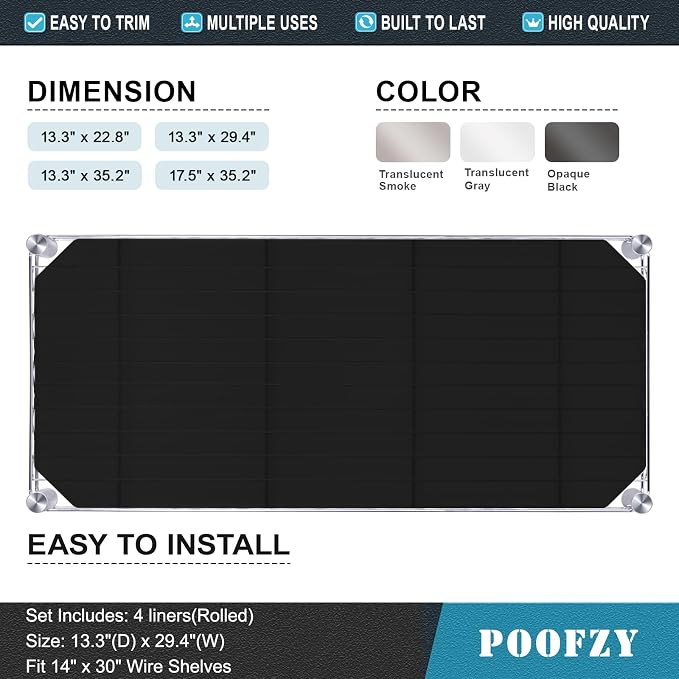 Poofzy Wire Shelf Liner 14" X 30", Non-Adhesive Plastic Shelf Liners for Wire Shelving, Waterproof Protector Mats (5PK, Black)