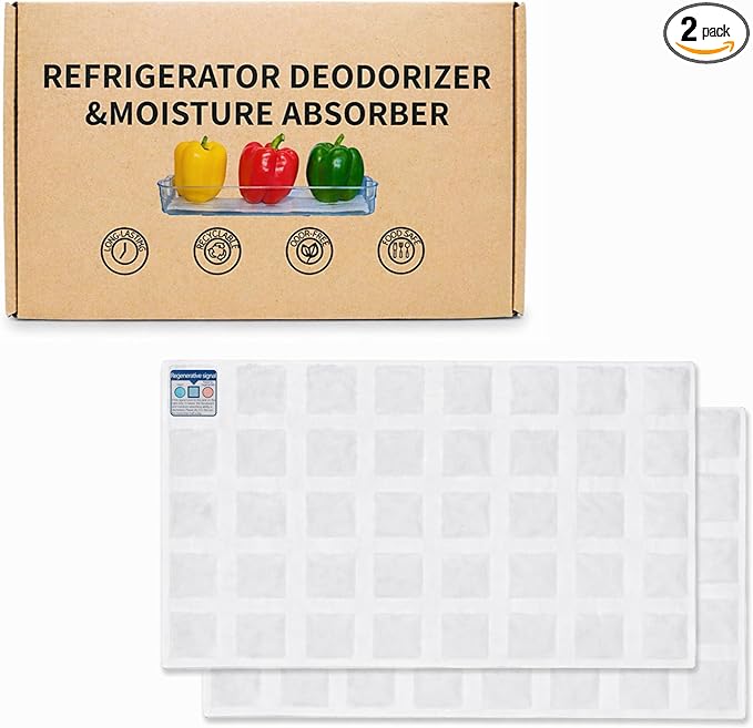 Rechargeable Refrigerator Deodorizer, Unscented Fridge Deodorizer & Moisture Absorber, Odor Eliminator for Fridge & Freezer, Long-Lasting Cut-to-Fit Fridge Shelf Liner (11.8×19.3 in, 2 Pack)