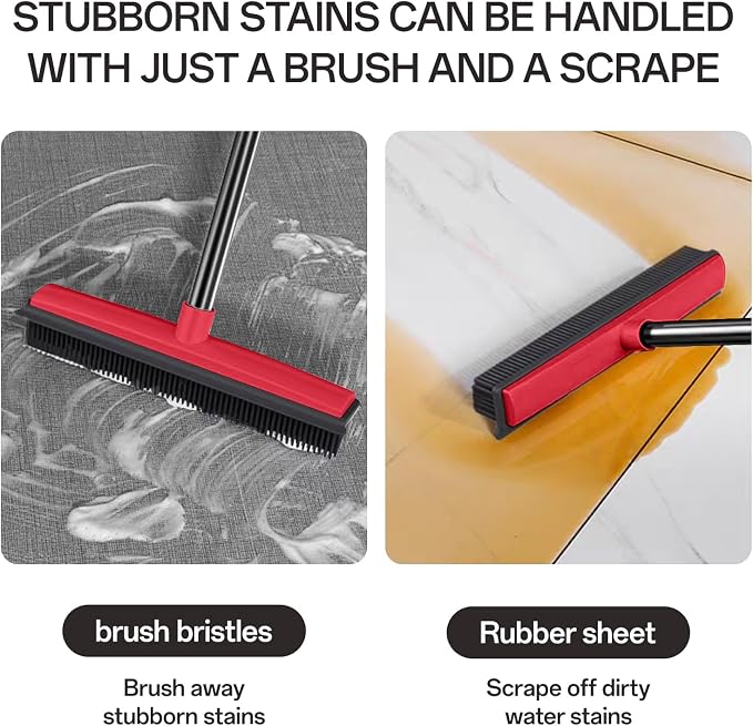 Pet Hair Rubber Broom with Squeegee for Carpet,Fur Remover Broom Carpet Rake for Pet Hair Removal, with 50"（130cm） Long Handle, Dual-Sided for Hardwood Floor, Tile,Portable Detailing Lint Brush-Red