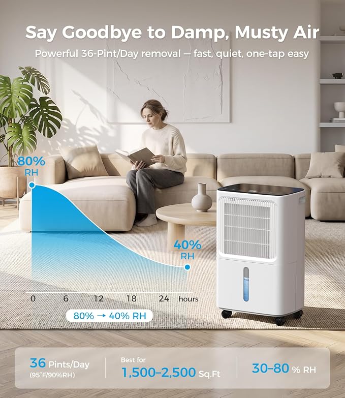 VEAGASO 2,500 Sq.Ft Dehumidifier for Basement with Drain Hose, Max 36 Pints Dehumidifiers for Home, Bedroom, Bathroom & Garage, 40dB Quiet, 3 Modes, 0.53 Gal Tank, 24H Timer & Child Lock