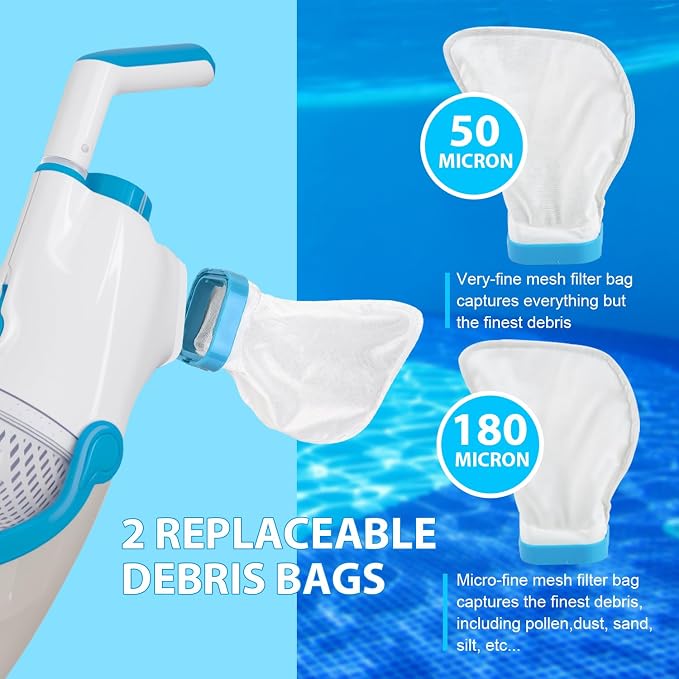 Handheld Pool Vacuum Cleaner, Rechargeable Pool Bottom Cleaner with Strong Suction, 1 H Runtime,for Above Ground/Inground Pools, Spas and Hot Tubs, White and Blue