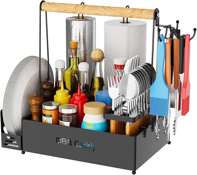 Grill Caddy, BBQ for Outdoor Grill with 2 Paper Towel Holders, Picnic BBQ Condiment Utensil Organizer Caddy for Outdoor Cooking, Rv, Camping Essential, Camper Must Haves,Gifts for Men