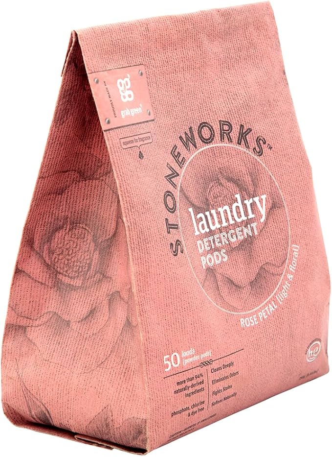 Grab Green Stoneworks Laundry Detergent Pods, 50 Count, Rose Petal | EPA Safer Choice; Plant & Mineral-Based; Fights stains; Eliminates odors; Softens naturally; No Harsh Chemicals