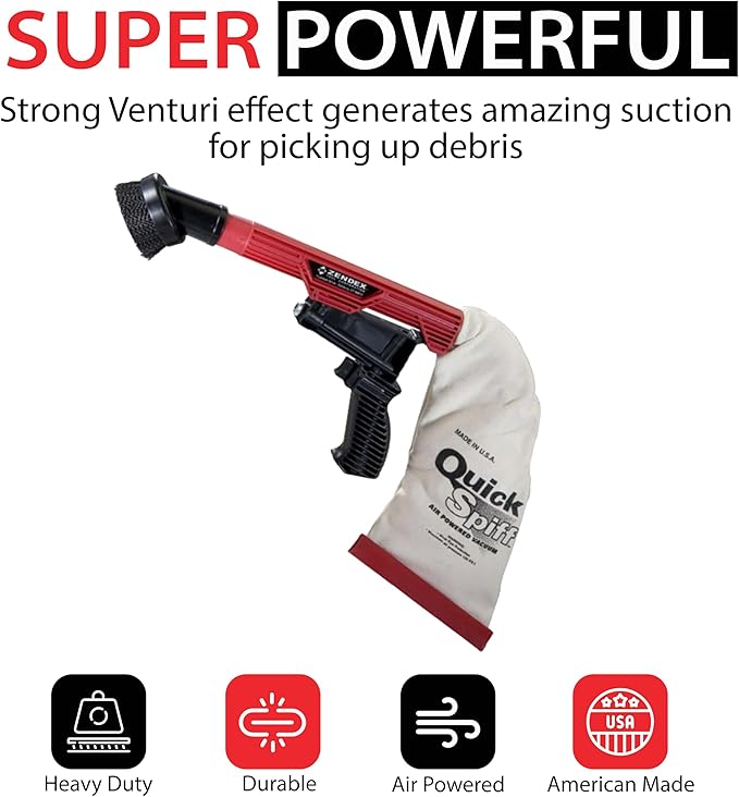 Zendex Tool - QuickSpiff Venturi Air Vacuum with Easy Empty Dust Bag - No Electricity Pneumatic Vacuum with Powerful Suction for Industrial and Personal Use - Red
