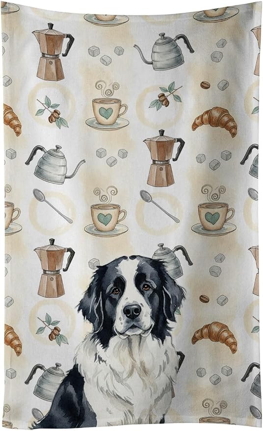 Caroline's Treasures Landseer Newfoundland Coffee Bar Kitchen Towel Velour Plush Front and Cotton Loop Back Machine Washable