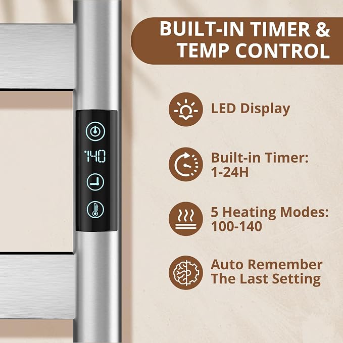 Heated Towel Racks for Bathroom Freestanding & Wall Mounted, WiFi-enable Electric Towel Warmer Rack, Extra-Wide Heating Area Fast Heating with Timer & Temperature Control, 8 Bars, Nickel Silver