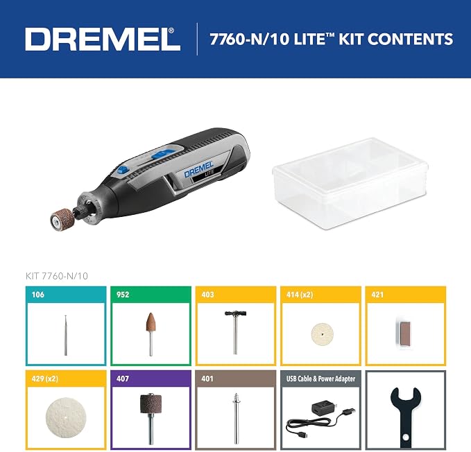 Dremel Lite 7760 N/10 4V Cordless Rotary Tool Kit with Variable Speed, USB Charging, Easy Accessory Changes - Ideal for Light-Duty DIY & Crafting, Sanding, Engraving, and Polishing