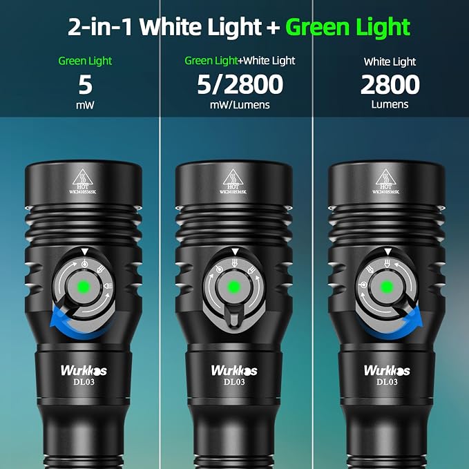 Wurkkos DL03 Dive Light, 2800 Lumens Scuba Diving Light, 1000M Green Beam and White Combo with Power Indicator, Type-C Rechargeable, IPX8 Waterproof for Night Dive Training Instructor Cave Exploration