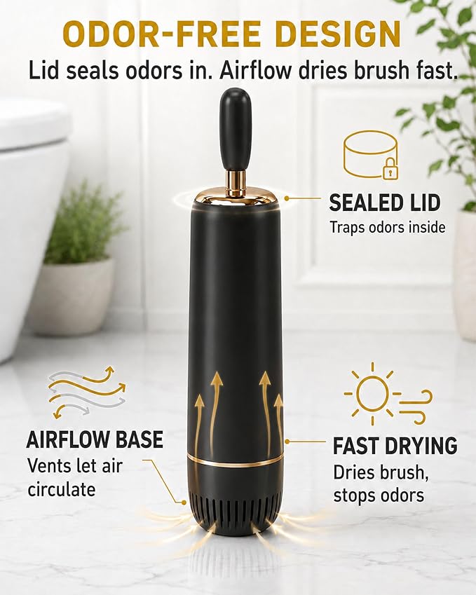 Toilet Brush Set, Dense Nylon Bristles, Wall Mount, Non-Scratch, Black Gold | 16.5" Handle,Splash-Proof,Odor-Locking Lid ,Ventilated Base,Hideaway Brush Head,Thick ABS,2 Adhesive