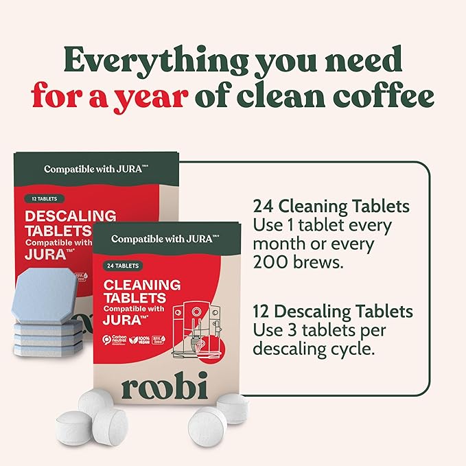 Roobi Jura Compatible Cleaning & Descaling Kit. Specially Formulated to Clean & Descale your Jura Espresso Machine. 100% Vegan, Carbon Neutral.