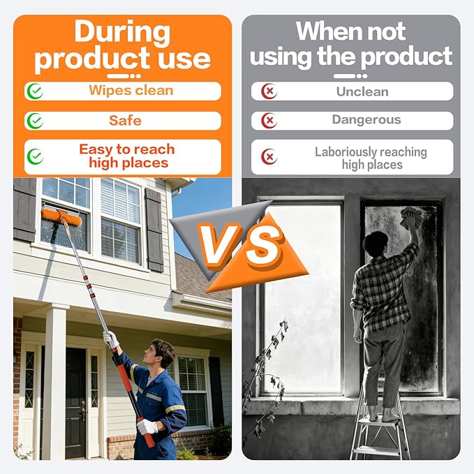 20FT High Reach Duster Cleaning Kit with 3-12 FTExtension Pole, High Ceiling Fan Cleaner Duster Tool for Fan Blades, Extendable Reusable Cobweb, Feather, Window Cleaning Squeegee Kit (12FT)