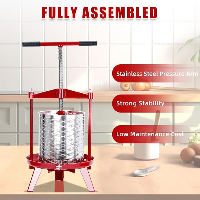 Manual Stainless Steel Fruit & Wine Press, 3.69 Gallon Cider, Juice & Olive Oil Extractor, Food Press for Wine Making Supplies, Cheese, and Vegetable Processing, Easy T-Handle