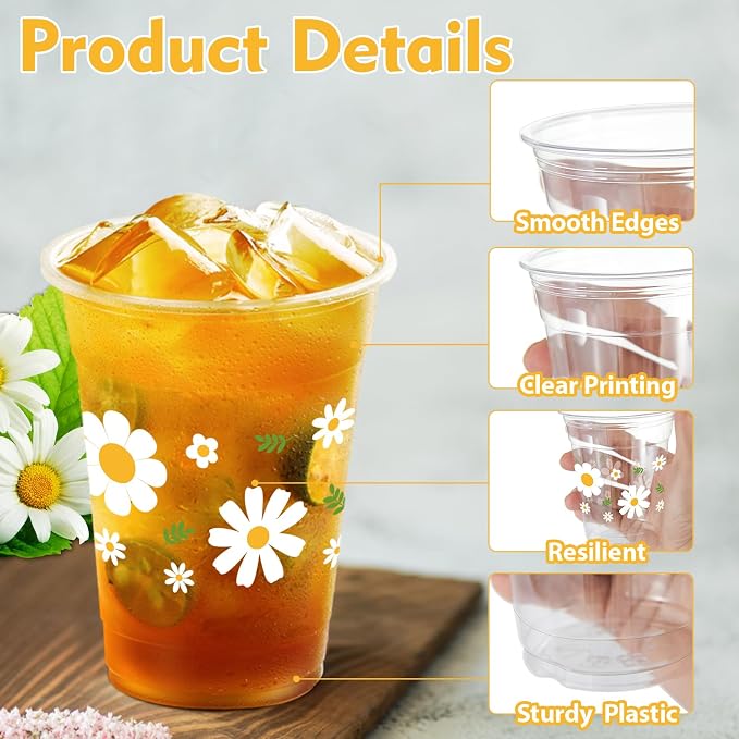100 Pcs Daisy Party Plastic Cups 12 oz Disposable Theme Drinking Cups Retro Boho Hippie Groovy Daisy Flower Cups for Spring Birthday Party Baby Shower Party Supplies