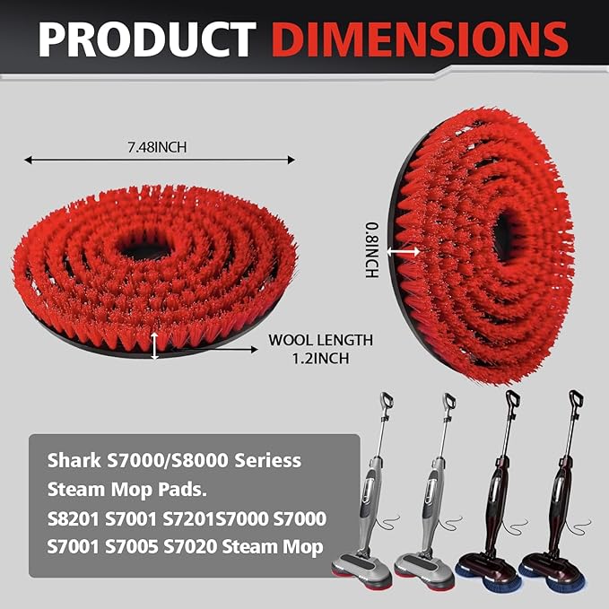 4 Pack Brush for Shark Steam Mop S7000 S7001 S7020 S7005 S8021 S8001 Replacement Brush Heads with Nylon Bristles and Scrub Pad Abrasive Polishing Pad (2 Red+2 White)